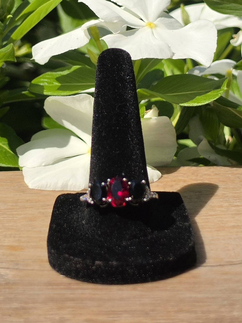 Sterling Silver Ruby Black Onyx Ring Size 8.5